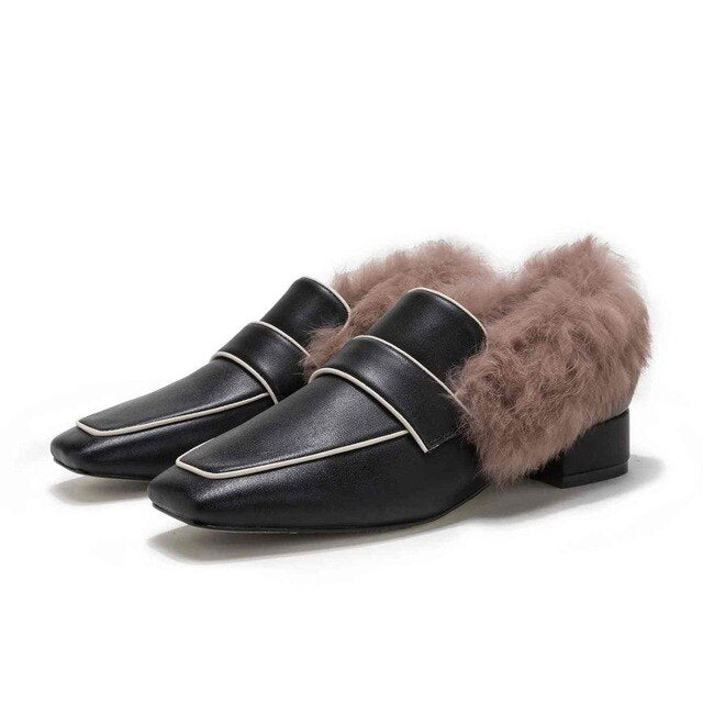 Krazing Pot genuine leather new rabbit fur shoes women fashion med heels square toe European career office lady Winter pumps L89
