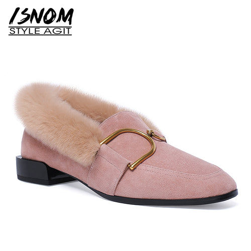 ISNOM Kid Suede Women Pumps Square Toe Fur Warm Footwear Fashion Casual Ladies Shoes Low Thick Heels Female Shoes Winter 2018